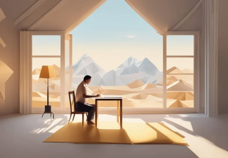 Un rédacteur à son bureau, travaillant sur ordinateur dans une pièce ensoleillée avec vue sur les montagnes en papier, style origami.