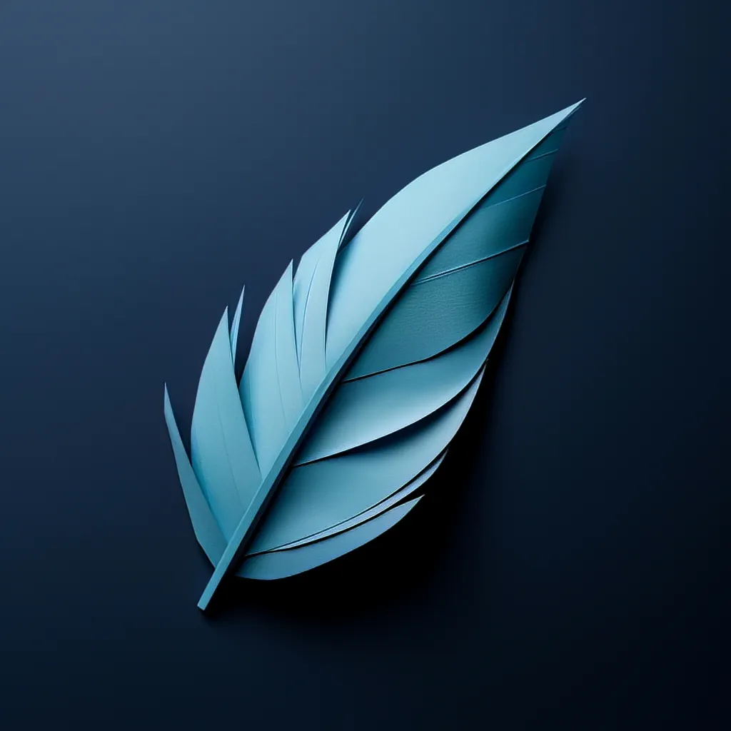 Une plume en style origami aux nuances de bleu, disposée sur un fond sombre.