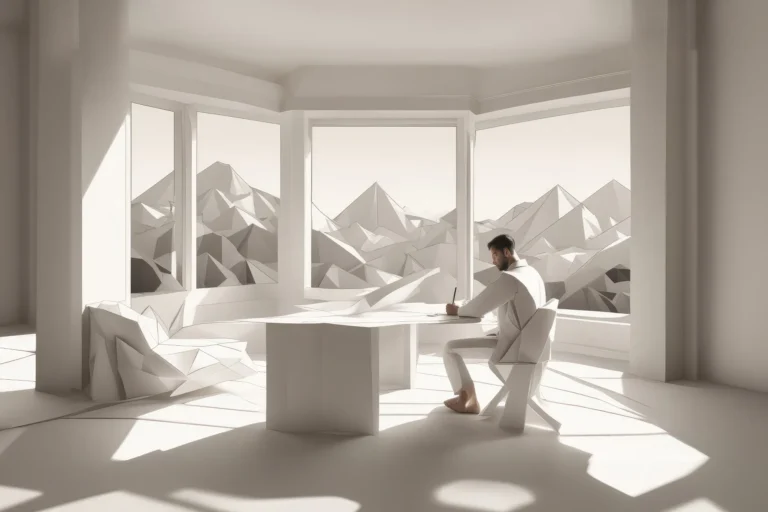 Un rédacteur à son bureau, en tenue blanche écrivant dans un espace monochrome avec des structures géométriques complexes, symbolisant la réflexion profonde et l'architecture conceptuelle.