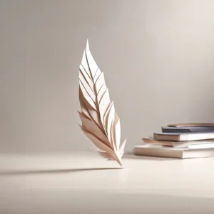 Une plume &eacute;l&eacute;gante se dresse &agrave; c&ocirc;t&eacute; d'une pile de livres sur un fond doux et lumineux.