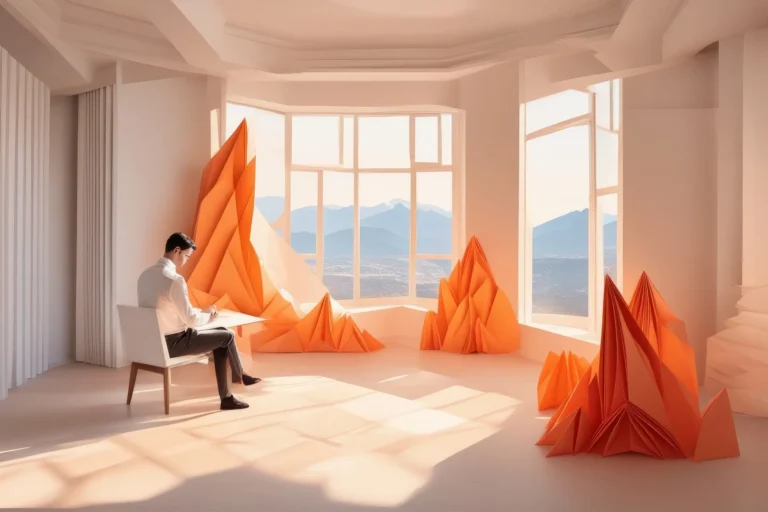 Rédacteur concentré, travaillant dans un espace lumineux agrémenté de motifs origami, avec une vue panoramique sur des montagnes.